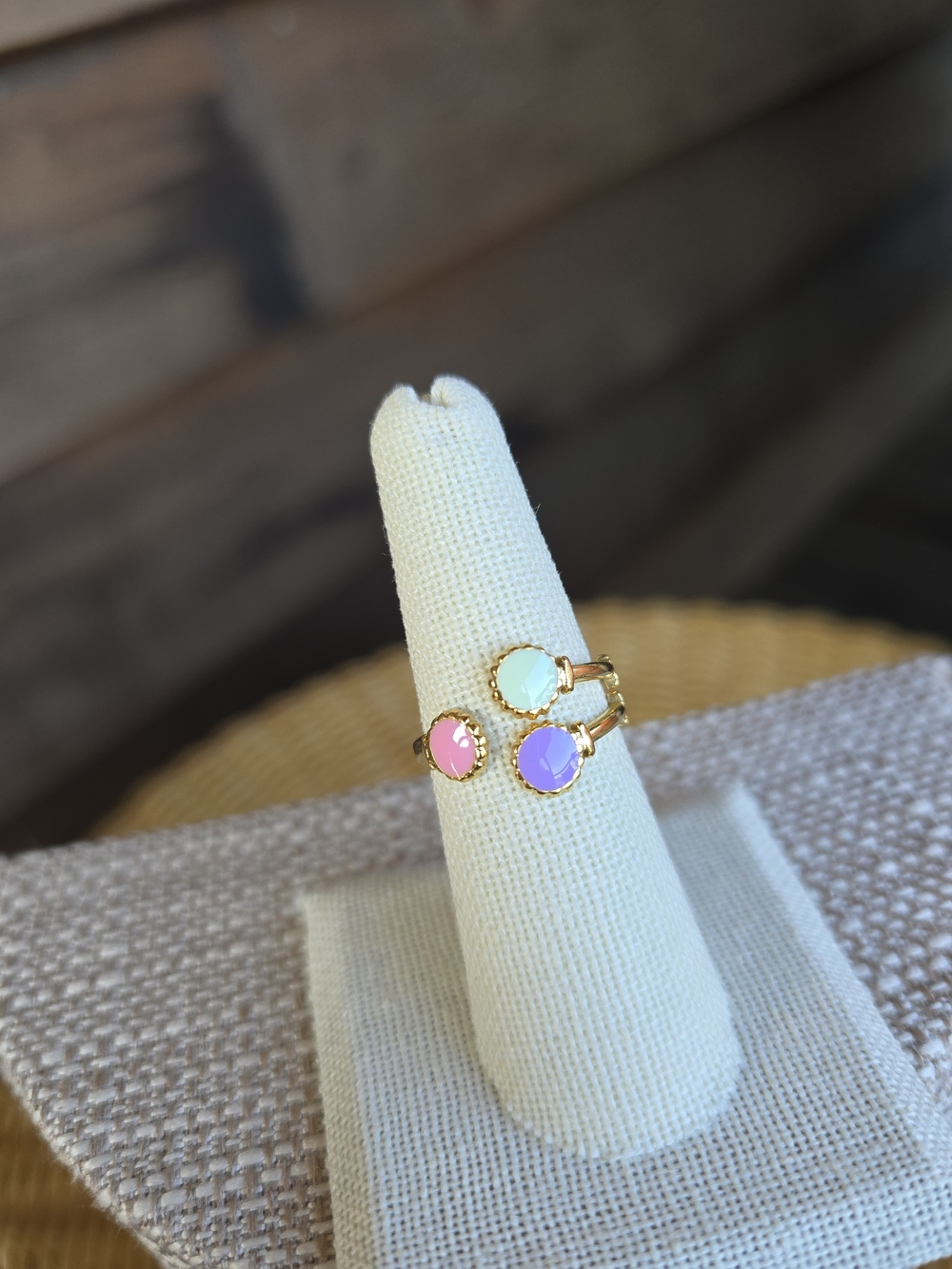 NWOT Gold-Tone Adjustable Trio Cabochon Ring — Pink, Mint & Purple